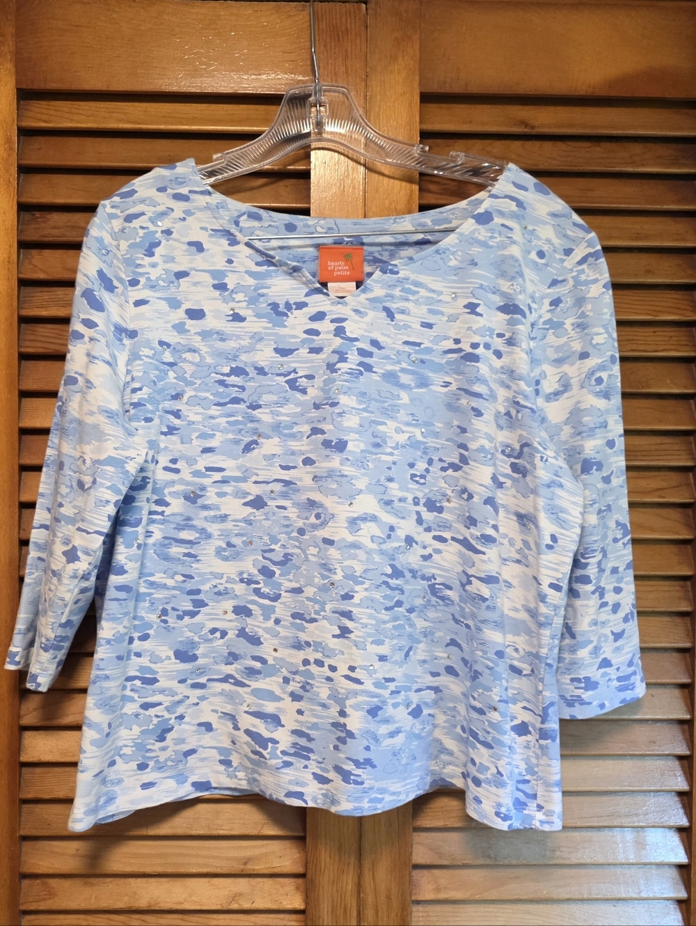 Hearts of Palm 3/4 Sleeve Top Blue Abstract Water Print Size PXL